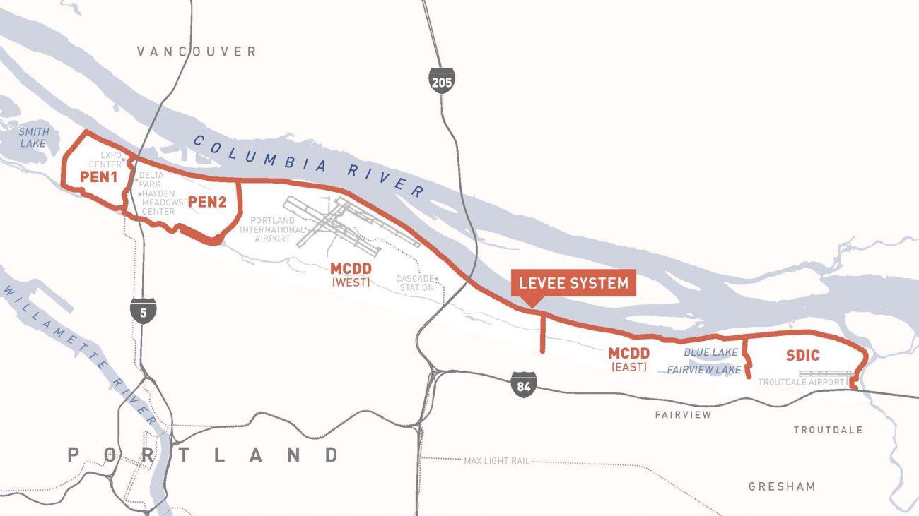 a map of the boundaries for Pen 1, Pen 2, MCDD, & SDIC drainage districts along the Columbia Corridor